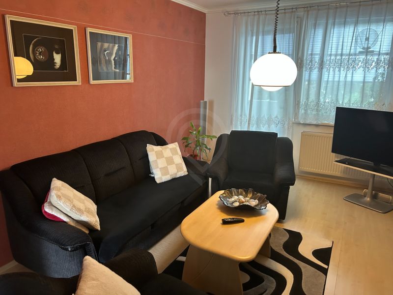 Wohnzimmer in einer 3-Zimmer-Wohnung mit Sofa, Tisch und Wanddekorationen.