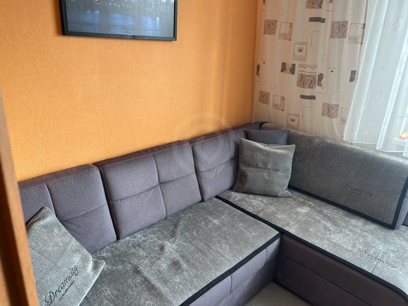Ein graues Sofa in der Ecke des Wohnzimmers in einer Dreizimmerwohnung mit einer orangefarbenen Wand.