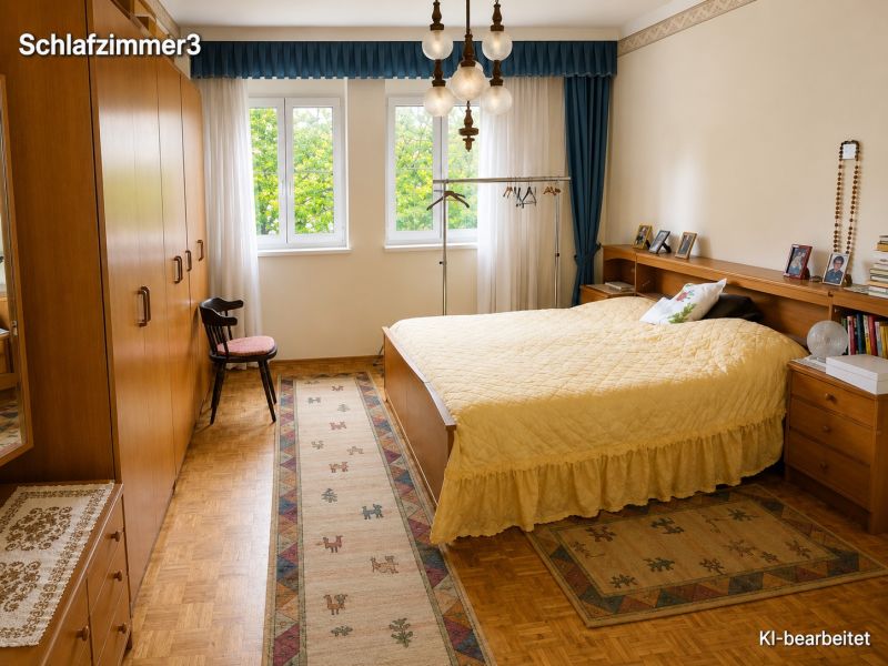 Schlafzimmer mit Holzboden, gelber Tagesdecke und großen Fenstern in einem Einfamilienhaus.