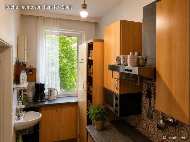 Küche in einem Einfamilienhaus mit Holzdekor-Schränken und Geräten.