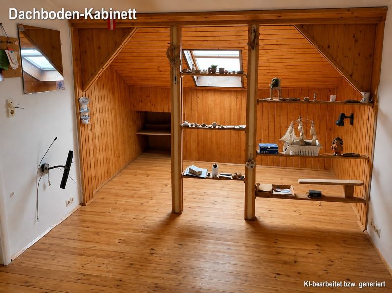 Dachbodenraum mit Holzeinrichtung und Regalen in einem Einfamilienhaus.