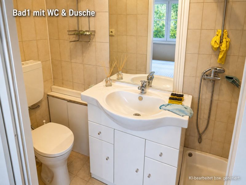 Badezimmer eines Einfamilienhauses mit Waschbecken, WC und Dusche.