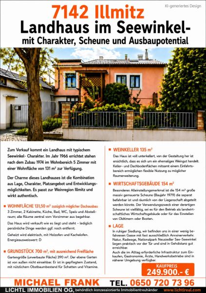 Ein Einfamilienhaus in Illmitz mit Garten und charakteristischer Architektur, umgeben von Grün und Bäumen.