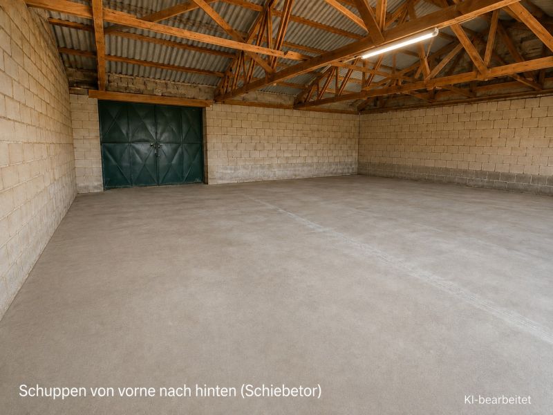 Geräumige Garage mit freiliegender Dachkonstruktion und Betonboden in einem Einfamilienhaus.