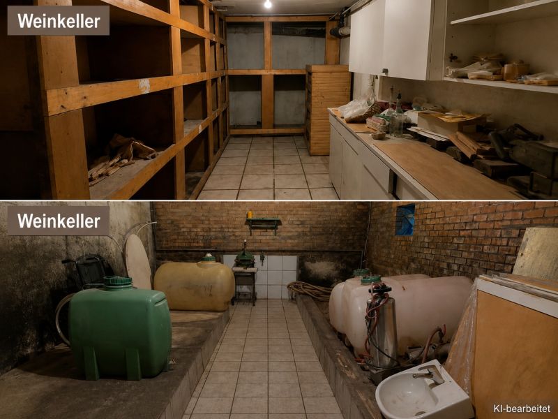 Weinkeller im Einfamilienhaus mit Regalen und Tanks.