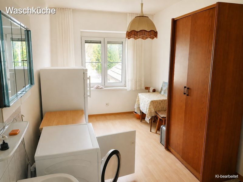 Ein geräumiger Waschraum in einem Einfamilienhaus mit einem Boden in Holzoptik.