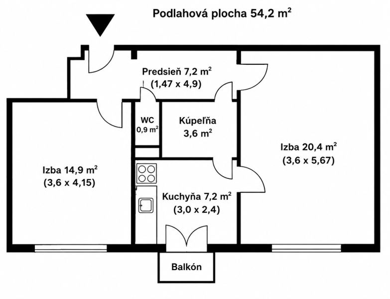 Grundriss einer 2-Zimmer-Wohnung mit einer Fläche von 54,2 m², Balkon und Küche.