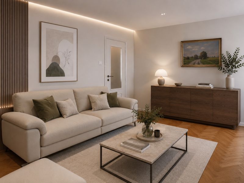 Wohnzimmer mit Sofa und Tisch in einer 2-Zimmer-Wohnung mit Holzdekorboden.