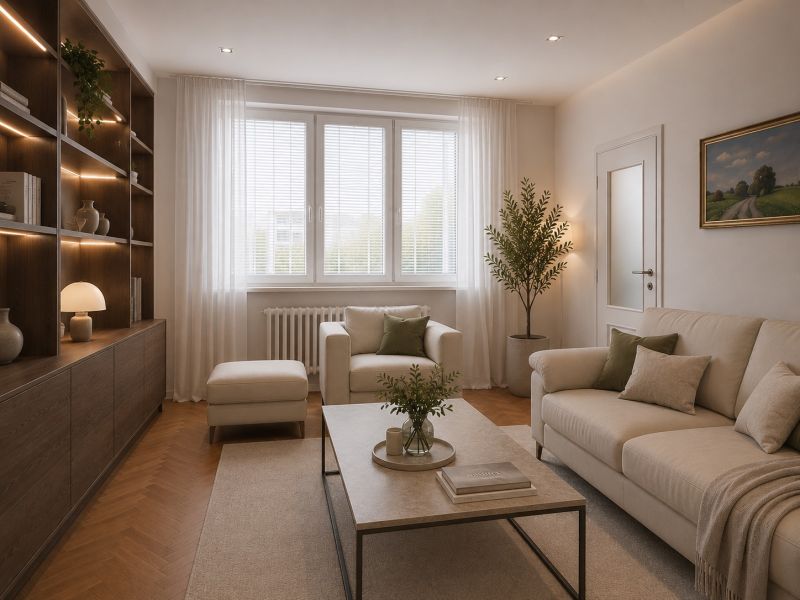 Wohnzimmer in einer Zweizimmerwohnung mit Holzboden, beigen Möbeln und Grünpflanzen.