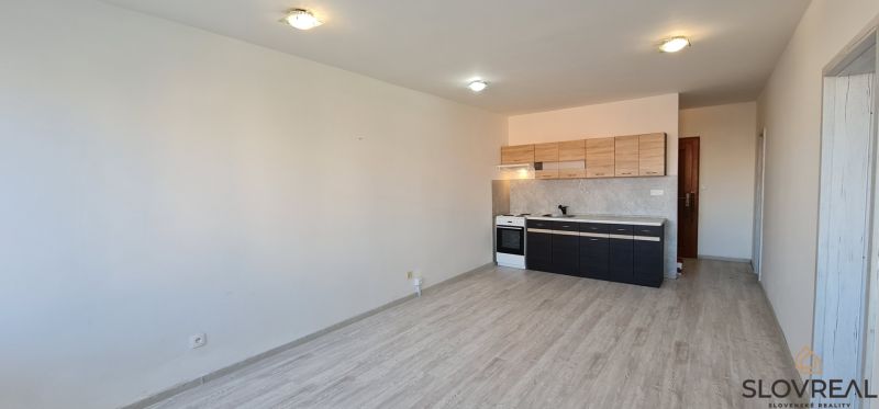 Küche in einer 2-Zimmer-Wohnung mit Holzboden und Küchenzeile.