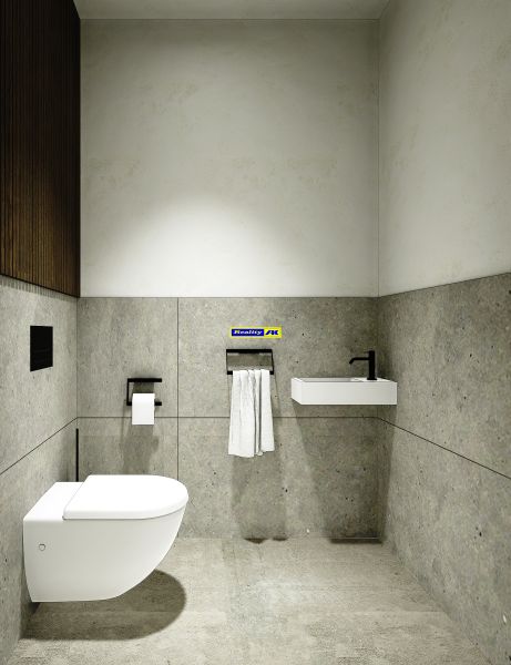 Badezimmer in einer 3-Zimmer-Wohnung mit Steinwänden und einem hängenden WC.