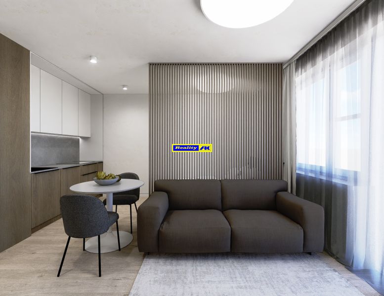 Wohnbereich einer 3-Zimmer-Wohnung mit Sofa und Esstisch, Boden mit Holzdekor.