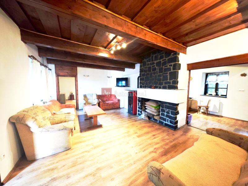 Wohnzimmer in der Hütte mit Kamin, Sofas und Holzboden.