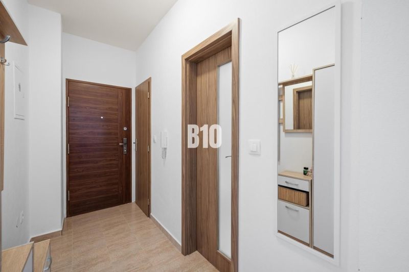 Eingangsflur mit Holztür und Spiegel in einer 2-Zimmer-Wohnung.