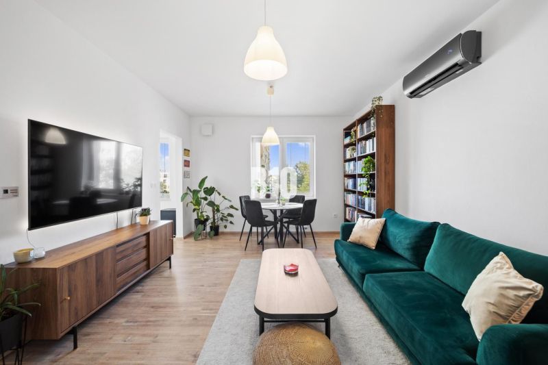 Wohnzimmer in einer Zweizimmerwohnung mit einem großen Fernseher, einem Bücherregal und einem Boden in Holzoptik.