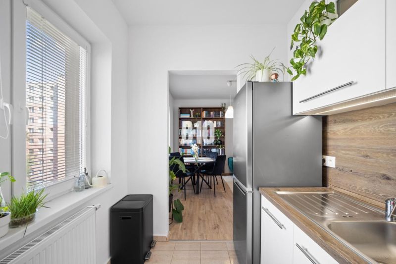 Küche in einer 2-Zimmer-Wohnung mit Holzboden und Pflanzen.