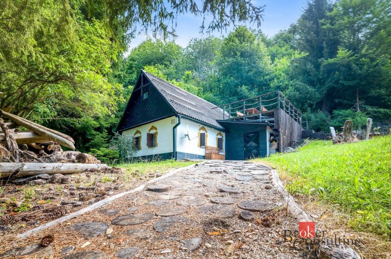 Eine Hütte in Píla, umgeben von dichten Wäldern, ein steinerner Weg führt zum Eingang.