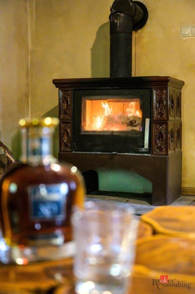 Wohnzimmer mit Holzbalkendecke, Sofa und Holzboden in einer Hütte.