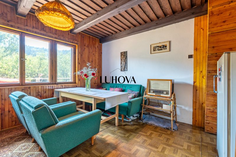 Innenraum der Hütte mit Retro-Möbeln und Holzboden, bequeme Sessel, Vintage-Radio.