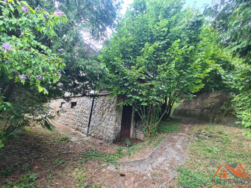 Ein Einfamilienhaus in Svodín mit einer Felswand, einer Steinmauer und grünen Bäumen im Garten.