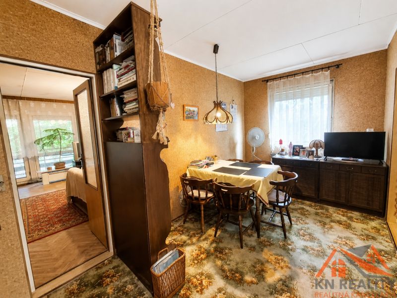 Esszimmer in einem Einfamilienhaus mit Holzdekor auf dem Boden und einem Teppich mit Blumenmuster.