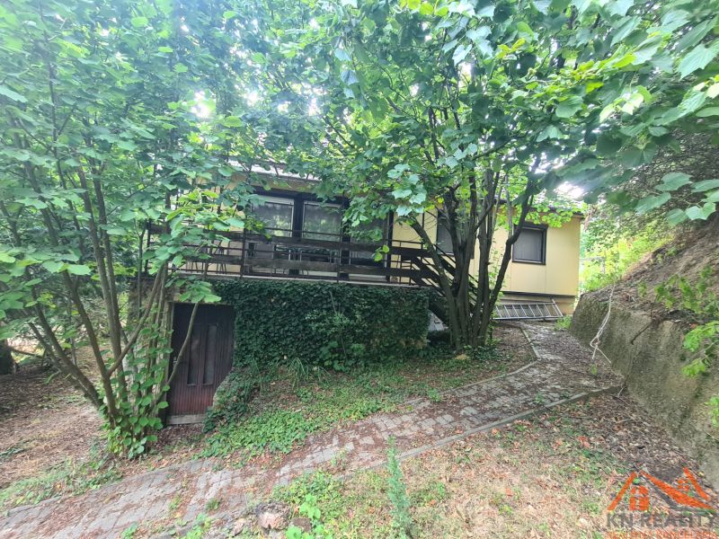 Ein Einfamilienhaus in Svodín, umgeben von Grün, mit einer Terrasse und einem Gehweg.