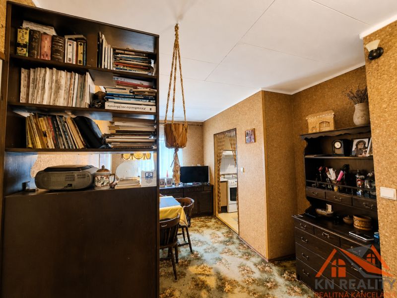 Wohnzimmer in einem Einfamilienhaus mit einem Bücherregal voller Bücher und Retro-Möbeln.
