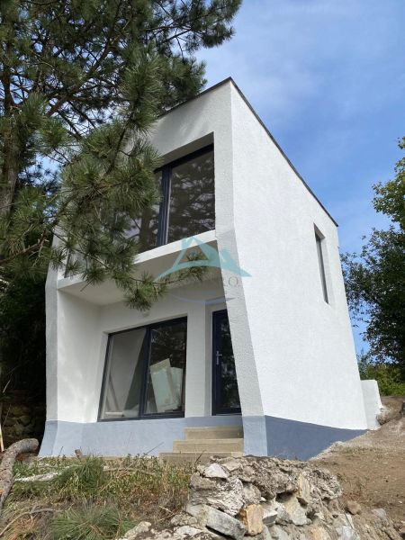 Eine moderne weiße Hütte in Šahy, umgeben von Natur und Kiefern.