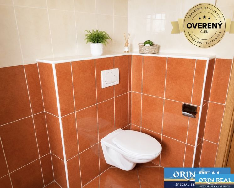 Badezimmer mit orangefarbenen Fliesen und hängendem WC in einer Einzimmerwohnung.