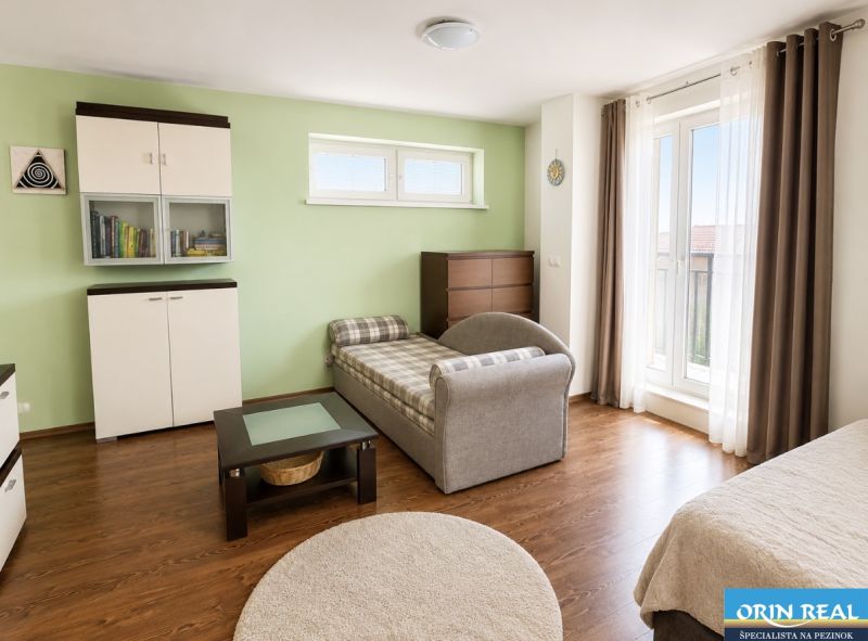 Ein Zimmer in einer Einzimmerwohnung mit einem Sofa, Möbeln und einem Boden mit Holzdekor.