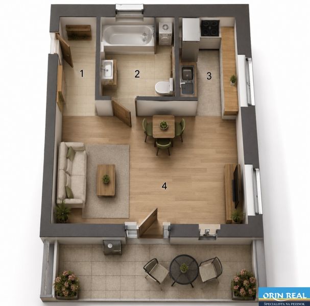 Grundriss einer Einzimmerwohnung mit Holzboden, Wohnzimmer, Küche und Badezimmer.