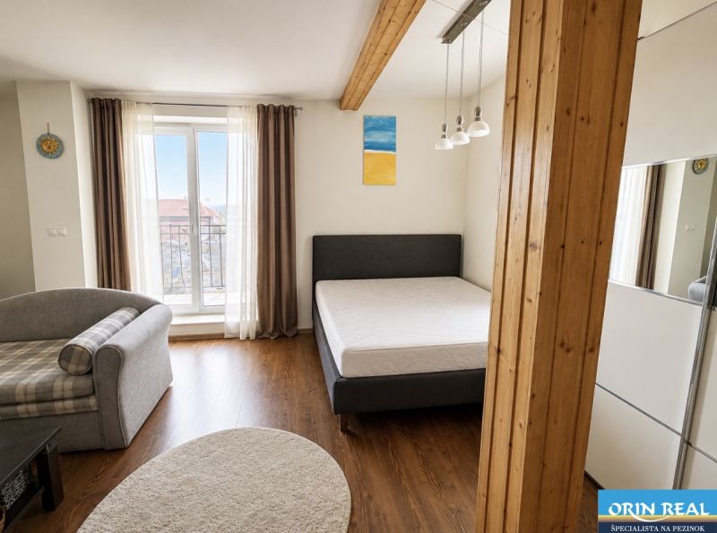 1-Zimmer-Wohnung mit Holzboden, Sofa und Bett.