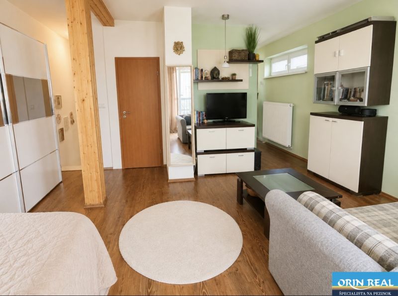 Wohnzimmer in einer Einzimmerwohnung mit Holzboden, Fernseher und Sofa.