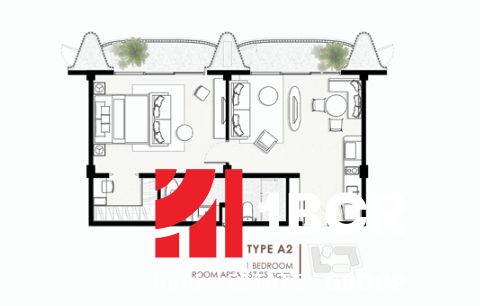 Grundriss einer 2-Zimmer-Wohnung des Typs A2, einschließlich Wohnräume.