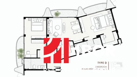 Grundriss einer 3-Zimmer-Wohnung mit geräumigem Wohnbereich und zwei Schlafzimmern.