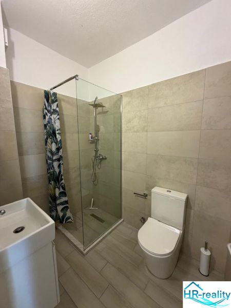 Badezimmer in einem Studio-Apartment mit WC, Dusche und Waschbecken.
