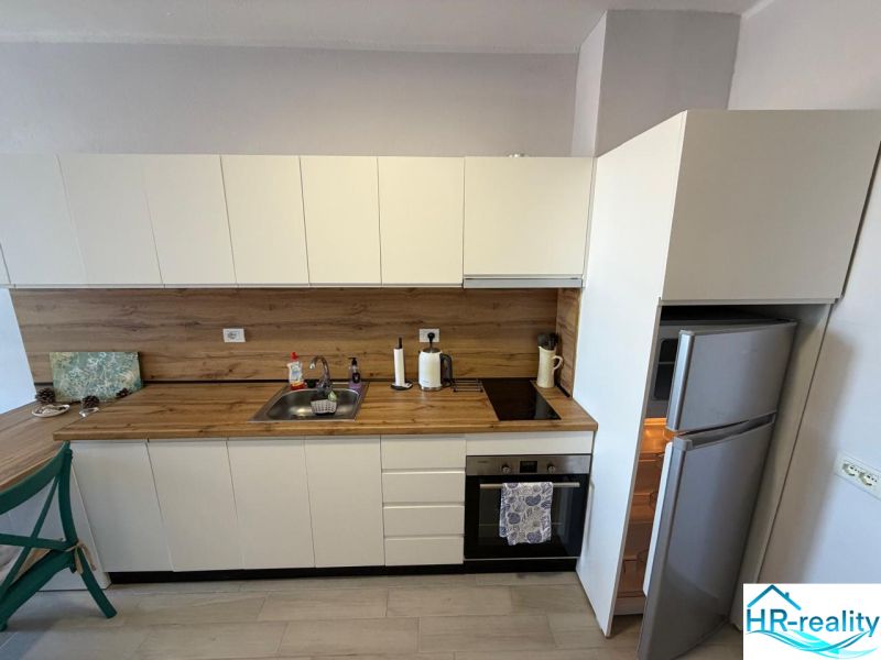 Küchenzeile mit Holzdekor und Ausstattung in einem Einzimmerapartment.