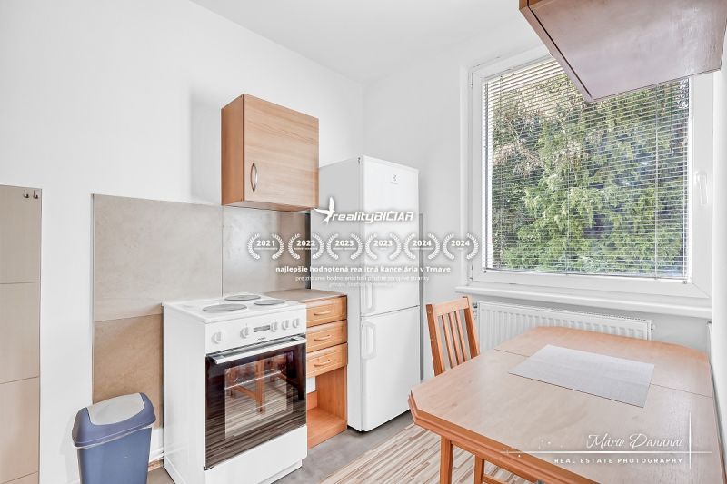 Küche in einer Einzimmerwohnung mit Küchenzeile, Tisch und Kühlschrank.