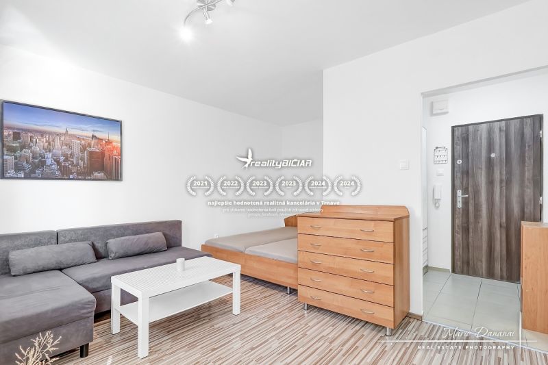 Wohnzimmer einer Einzimmerwohnung mit Holzboden, Sofa und Bett.