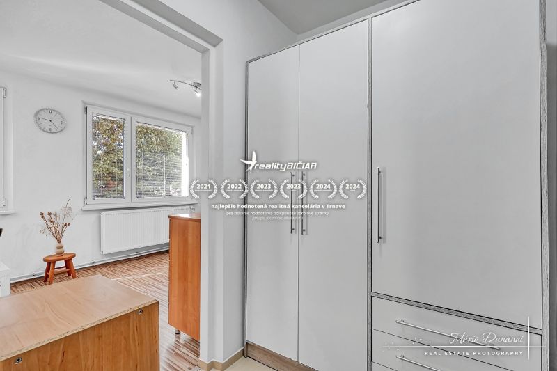 In der Einzimmerwohnung dominiert ein großer Schrank, Fenster und ein Boden mit Holzdekor.