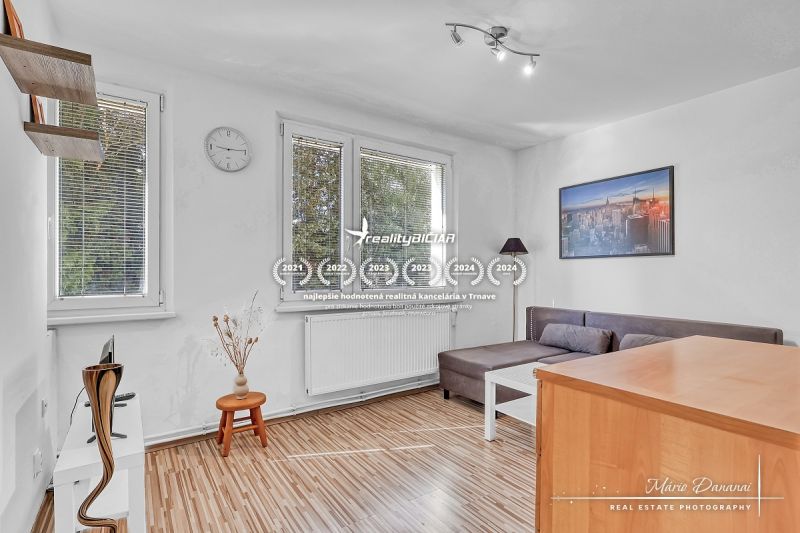 Wohnzimmer in einer Einzimmerwohnung mit Holzboden, Tisch und Sofa.