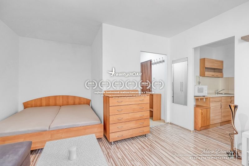 Einzimmerwohnung mit Bett, Kommode und Kochnische mit Holzboden.