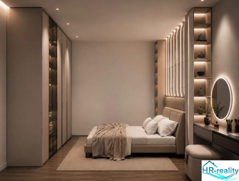Schlafzimmer mit Bett und Holzboden in einem Ferienapartment.