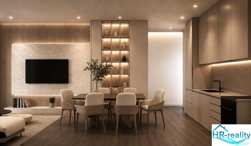 Ein stilvolles Interieur eines Ferienapartments mit Holzboden und geschmackvoller Beleuchtung.