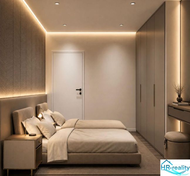 Schlafzimmer im Ferienapartment mit Doppelbett, Einbauschränken und sanfter Beleuchtung.