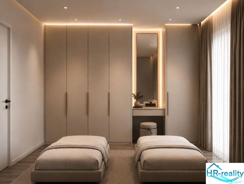 Ein Erholungsapartmentzimmer mit großen Schränken, zwei Betten und eleganter Beleuchtung.