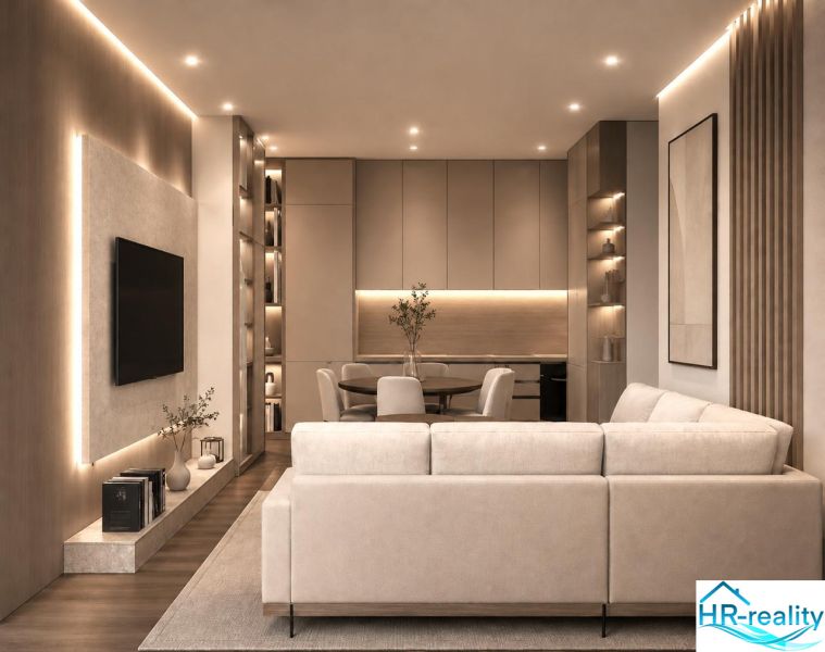 Ferienwohnung mit bequemer Couch, Holzboden und gemütlicher Beleuchtung.