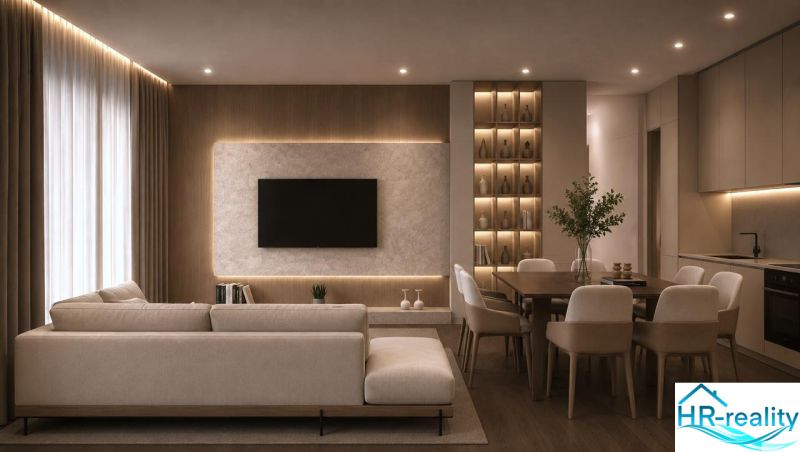 Innenraum einer Ferienwohnung mit Sofa, Fernseher und Boden in Holzoptik.