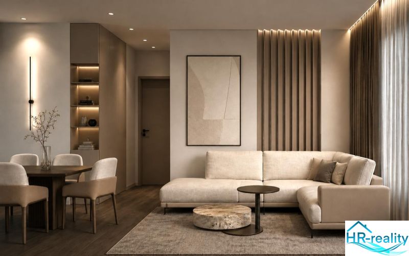Wohnzimmer in einer Ferienwohnung mit Sofa und Holzboden.