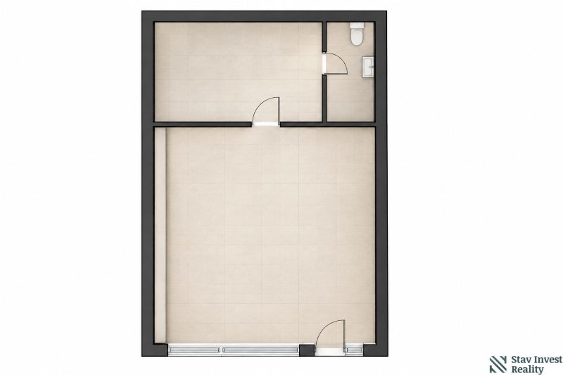 Grundriss von Geschäftsräumen mit Holzdekorboden umfasst zwei Räume und sanitäre Einrichtungen.